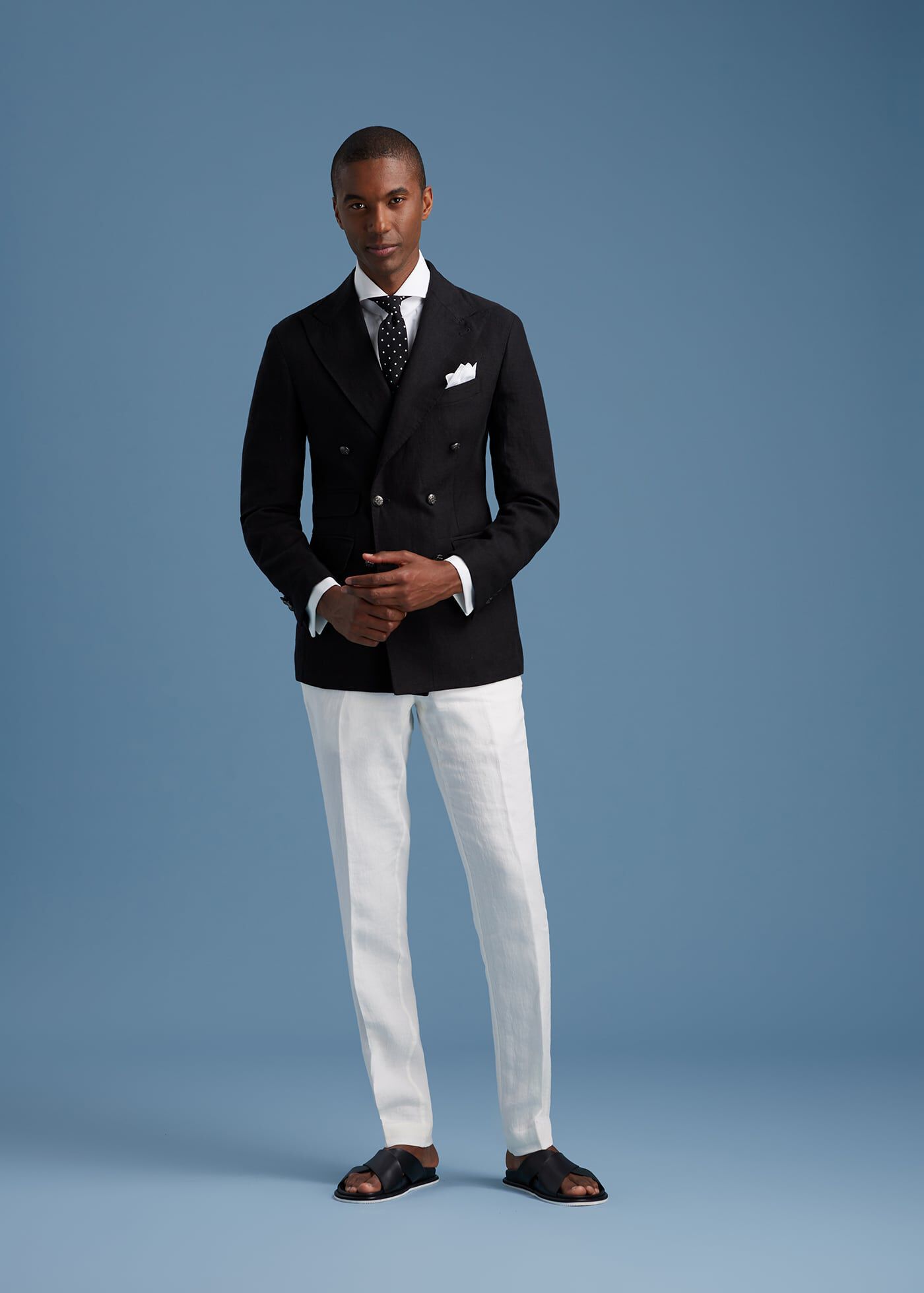 Black Linen Double Breasted Jacket Look